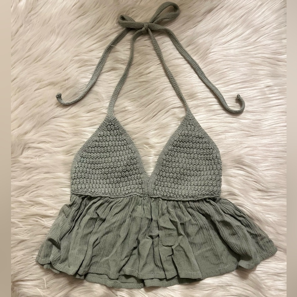Garage Sage Green Crochet Crop Top